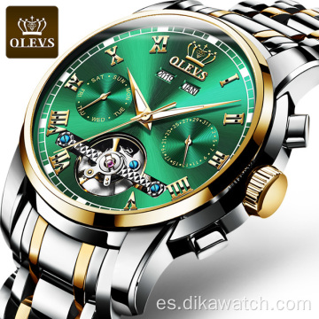 OLEVS 6607 relojes mecánicos automáticos de acero inoxidable para hombre pulsera clásica resistente al agua con fecha semana reloj de lujo verde